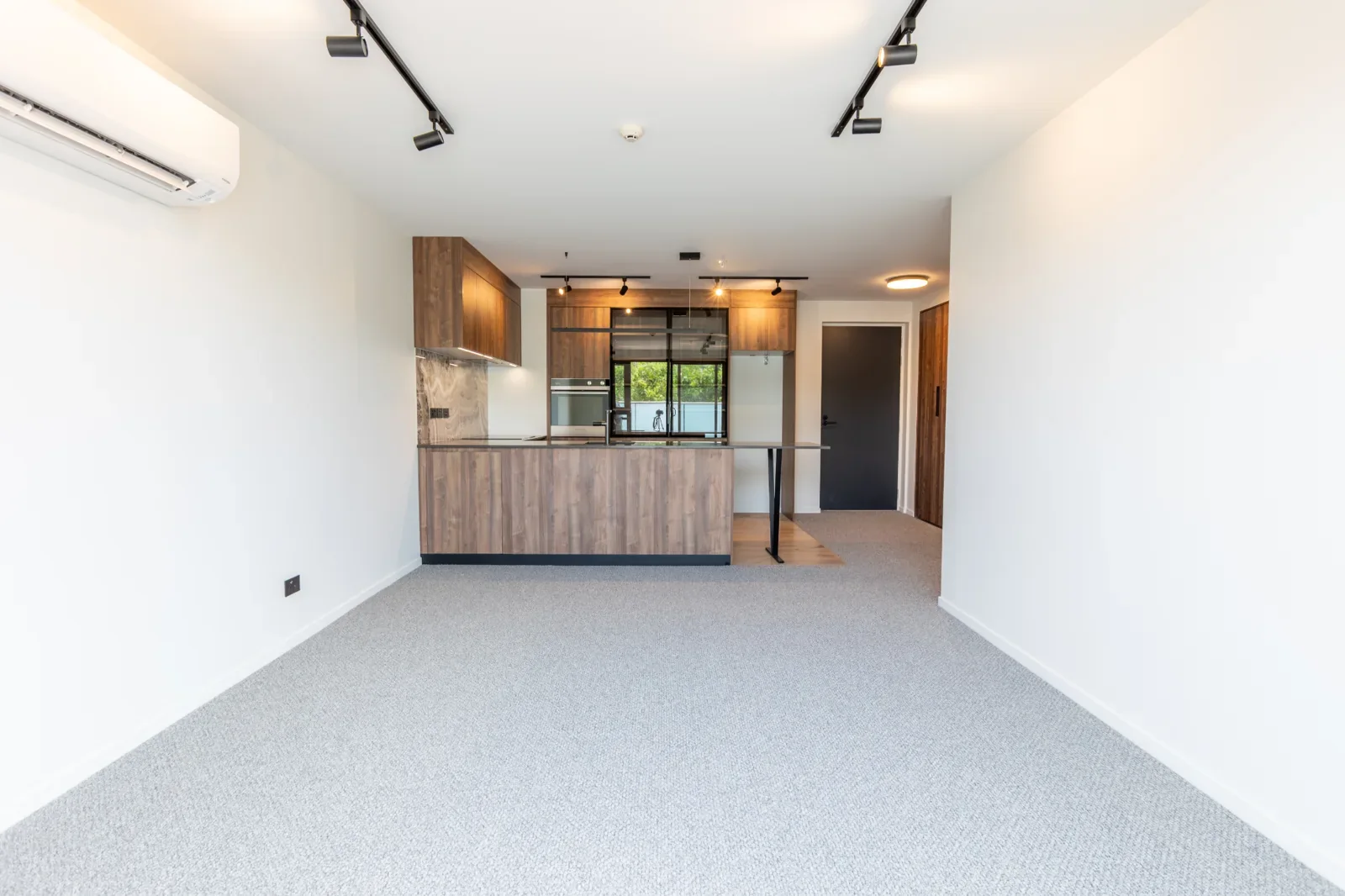 Light-filled open-plan interior with kitchen and track lighting
